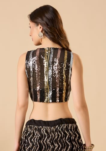 SALWAR STUDIO Black Net Boat Neck Sleeveless Readymade Blouse with Embellishment