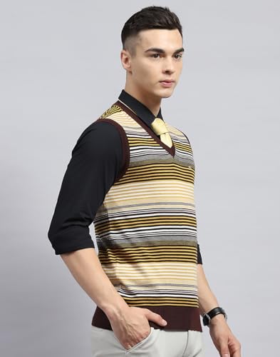 Monte Carlo Mens Yellow & Brown Striped V Neck Sleeveless Sweater (1239371SL-2-42)
