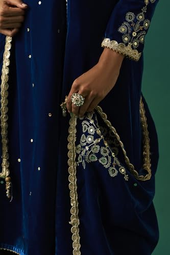Wishful Women's Blue Embroidered Velvet Anarkali Kurta with Salwar and Dupatta Set - (SP12854-223811-L)