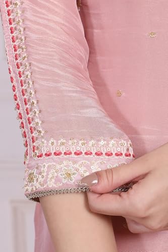 W for Woman Pink Embroidered Zari Embellished Straight Tissue Kurta with Sharara and Dupatta Set (WS13087-224072-S)