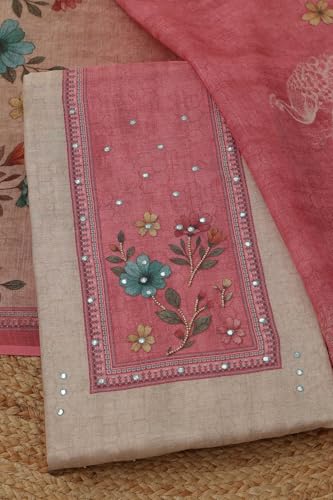 Soch Womens Beige Linen Shimmer Botanical Kantha Embroidered Dress Material With Beads