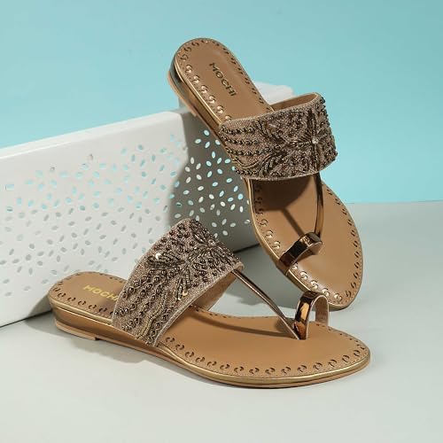 Mochi Women Gold Chappals UK/5 EU/38(35-2114)