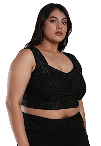 S SALWAR STUDIO Women's Black Silk Blend Readymade Saree Blouse-PLSSB00045-BLCK