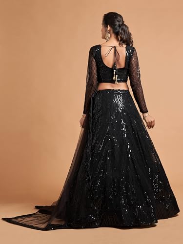 Zeel Clothing Women's Black Soft Net Sequins Embroidered Semi-Stitched New Lehenga Choli with Dupatta (7308-Black-Wedding-Girlish-Latest-Lehenga-Choli; Free Size)