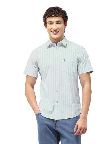 U.S.Polo Association Men's Vertical Striped Regular Fit Shirt (USSHT3402H_Light Green_39)