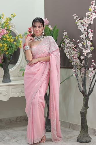 Haus Of Auraa Women’s Festive Traditional Attire with Detailed Weave & Graceful Finish Blush Glimmer Pink Saree with Sequin & Cutdana Detailing
