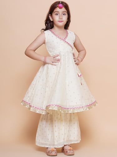 Bitiya By Bhama Girls Off White Woven Design Angrakha Gotta Patti Kurta with Sharara & Dupatta(TKS167)