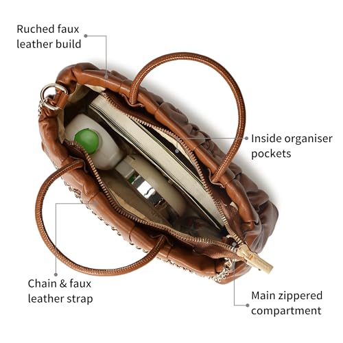 Fastrack Ruched Faux Leather Satchel Bag for Women | Structured Handbag with Detachable Chain Strap, Zippered Compartment and Inner Pockets | Elegant Convertible Bag for Casual and Wear