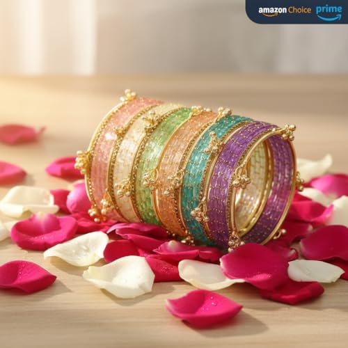 KAYASHA Multicolor-03 Kashmiri Ghangharoo Glass Bangle Set of 32 | Light Weight Traditional Transparent Fancy Chudi Set for Wedding, Party set of 32 (18 Glass + 14stone and Ghungroo Bangles)