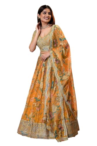 JIHU CULTURE Women's Organza Digital Print with Sequence Zari Embroidery Work Semi-stitched Lehenga Choli With Dupatta (Orange), 44