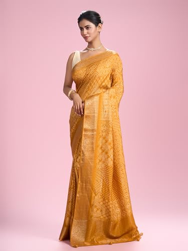 MOHEY Women's Art Silk Printed, Weave Saree with Blouse Piece(Mustard Yellow)