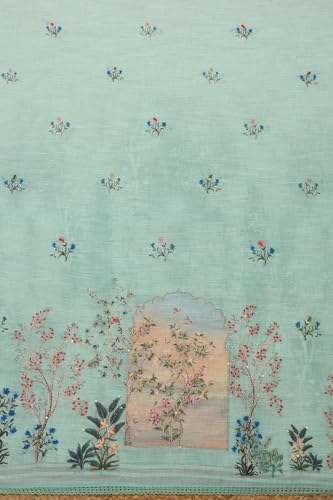 Soch Womens Sap Green Linen Blend Botanical Print Unstitch Dress Material With Thread Work