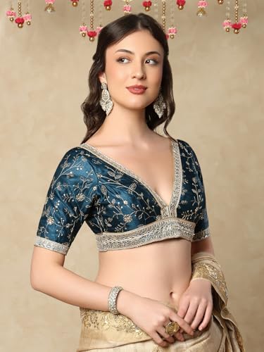 SALWAR STUDIO Blue V Neck Embroidered Readymade Saree Blouse