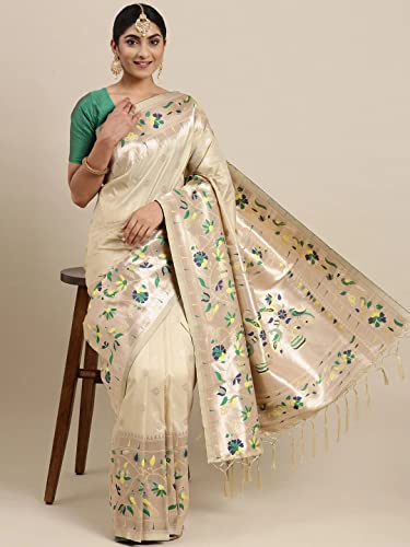 Pandadi Saree Women's Paithani Paithani Silk Saree With Blouse Piece (371PS22_Beige)