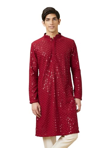 Manyavar Mens Maroon Viscose Embroidered Kurtas