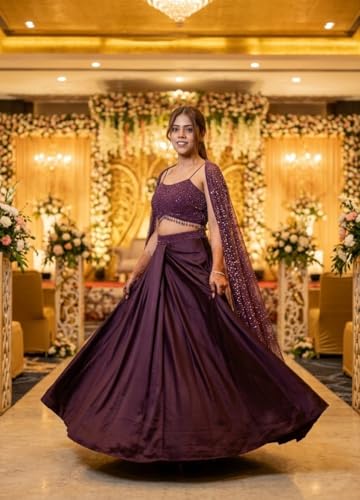 Indo-Era Women's Readymade Designer Lehenga Choli Set - Ready to Wear Plum Mauve Georgette Sequence Work Choli with Pre-Stitched Drape Skirt & Shrug Dupatta - Perfect for Weddings & Receptions