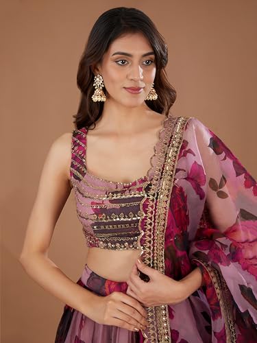 Zeel Clothing Women's Organza Semi-stitched Print and Sequins Embroidered Lehenga Choli With Dupatta (7067-Pink--Lehenga-Choli-Latest, Free size) (Pink)