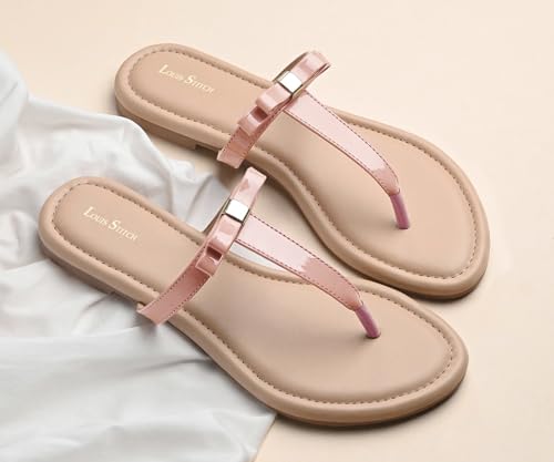 LOUIS STITCH Women’s Slip-On T-Strap Flat Sandals | Open Toe Peach Pink Stylish Sandal for Ladies, Fashionable and Comfortable Sandal | LSOF-FI01-TSNU | UK-8