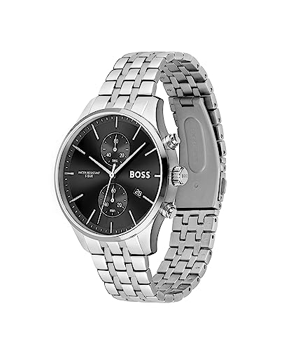 Hugo Boss Stainless Steel Associate Analog Black Dial Men Watch-1513869, Silver Band