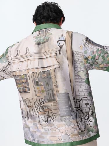 The Souled Store Cuban-Collar Shirt: Morning Brew Men and Boys Short Sleeve Beige All Over Printed Polyester Lightweight Easy to Style Everyday Office Wear Casual Oversized Shirt
