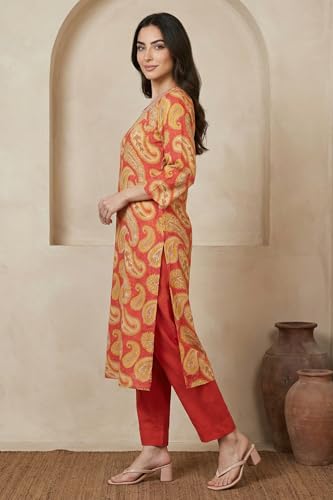 W for Woman Rust Red Paisley Thread Embroidered Modal Straight Kurta - (W14011-127298-XS)