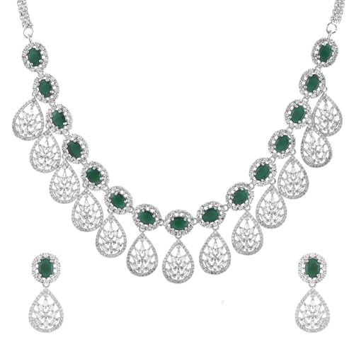 VOYLLA Sparkling Elegance Radiant Reverie American Diamond Necklace Set |Necklace Sets For Women| Short Necklace Set For Women|Wedding|Party|Gift For Women|American Diamond|Cz Necklace Sets|