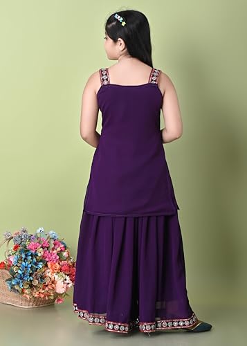 SPAMitude - Georgette Embroidery Sequin Kurta, Skirt and Dupatta Set for Girls – Ethnic Party Dress I Birthday Trendy Classic Outfit I Square Neck Sleeveless (PURPLE, 12-13 YEARS)