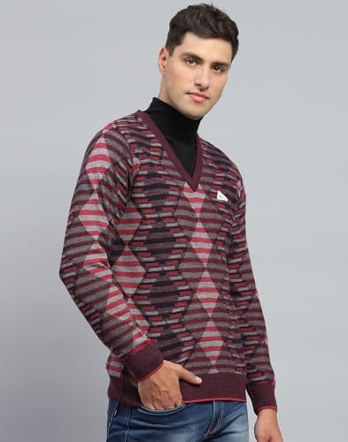 Monte Carlo Mens Striped Wine V Neck Full Sleeve Pullover (1243199VN-2-46)
