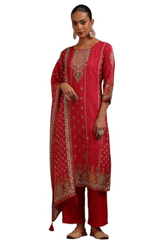 Soch Womens Fuchsia Muslin Ethnic Motifs Zari Embroidered Salwar Suit