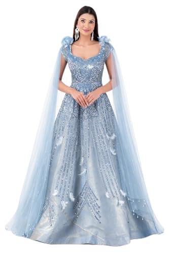 Ice Blue Embellished Sequin Gown with Cape Sleeves, Floor Length A-Line Evening Dress for Women