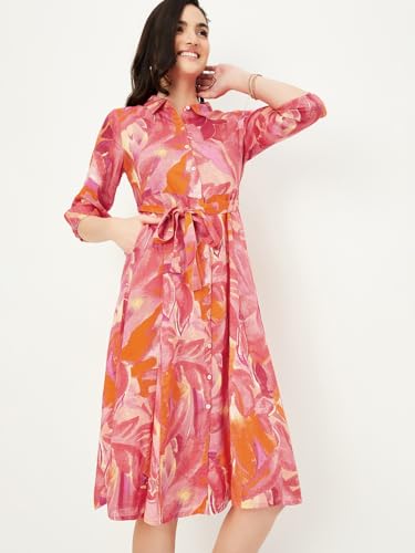 Max Women Floral Printed Midi Dress (MDDRS41005PINK)_M, Casual Dress