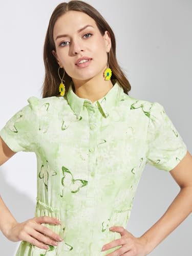 Latin Quarters Women Green Collar Neck Half Sleeves Printed Above Knee Shirt Dress for Casual Wear_2XL