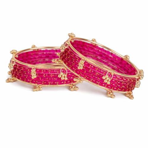Shining Diva Fashion 16 Pcs Traditional Stylish Glass Ghungroo Kashmiri Bangles Set for Women & Girls (rrsd17374b_2.4_17387b_2.4) (Ruby Pink)