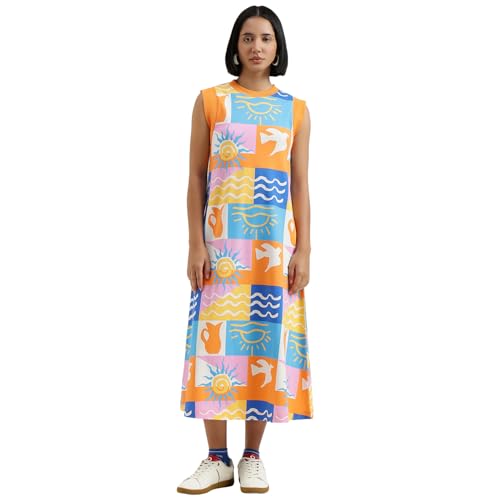 United Colors of Benetton Round Neck Printed Dress (Size : L) - 26P3BL0DV01RG901 Orange