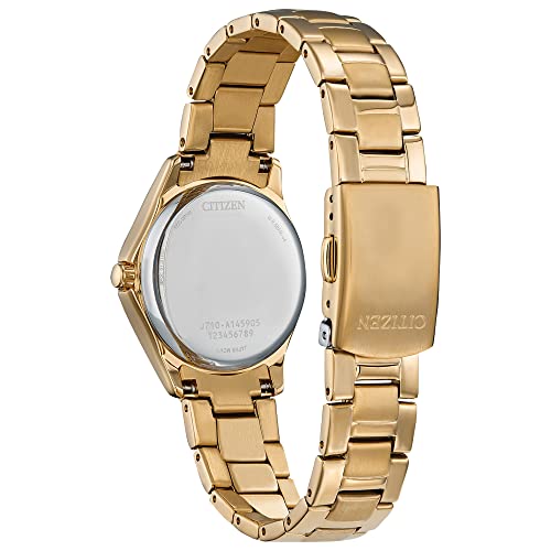 Citizen Stainless Steel Women's Ladies' Classic Silhouette Crystal Eco-Drive Analog Watch, 3-Hand Date, Luminous Hands, Gold-Tone And Champagne, Bracelet, Band_ Golden, Dial_ White