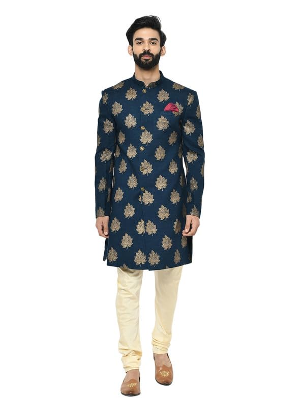 KISAH Men's Indo-Western Sherwani Churidar Set, Blue Cotton Blend, Foil Print Regular Fit Mandarin Collar Long Sleeves (42)