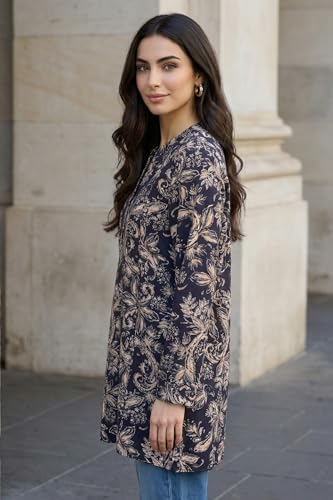 W for Woman Navy Blue Block Paisley Printed Straight Tunic - (W31492-127117-S)