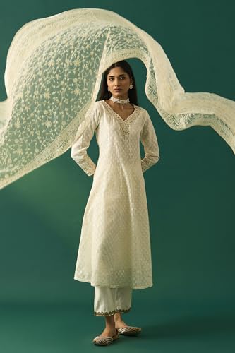 Wishful Women's Off-White Embroidered Anarkali Cotton Blend Kurta with Straight Pants and Dupatta Set - (SP12572-314255-L)