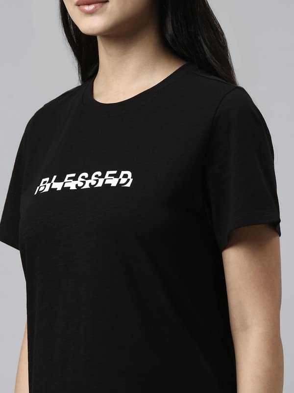 Enamor Essentials Short Sleeve Round Neck Relaxed Fit Cotton Mini Lounge Dress for Womens-E802 (E802_Jet Black/Blessed Graphic_XL)