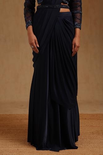 Soch Womens Navy Blue Spandex Solid Ready to Wear Saree