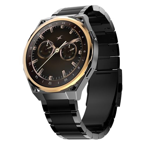 Fastrack Marvellous FX3 Smartwatch with 1.43” AMOLED Display, Metal Case & Strap, Slim 10.4mm Design, AI Watchfaces, BT Calling, HRM, SpO2 & Sleep Tracking, IP68, Additional Silicone Strap - Black