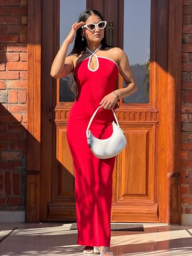 Tandul Women's Cotton Blend Shoulder Straps Red Dress - Maxi/Full Length Solid Fashion Small Size for Office, Casual, Festive & Party (12278)