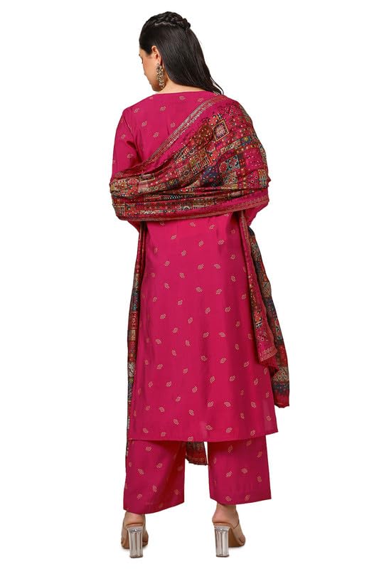 Soch Womens Fuchsia Muslin Blend Bandhani Print Suit Set With Sequins