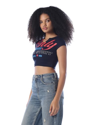 ONLY Women's Typographic Slim Fit Navy Blue T-Shirt