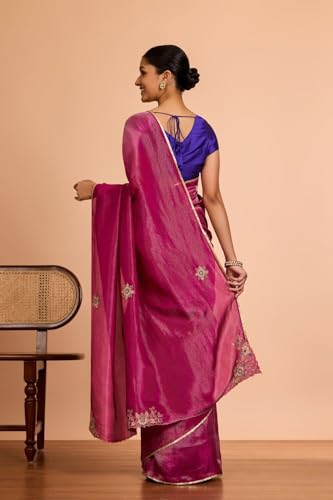 Taneira Women Purple Bengal Pure Tissue Organza Embroidered Saree with Unstitched Blouse Piece (SAIP01AC2159-Purple)