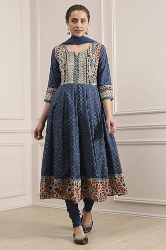Biba Women Indigo Cotton Anarkali Printed Lehenga Set_32