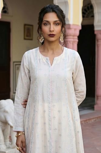 Wishful Women’s Off White Embroidered Chanderi A-line Kurta with Straight Pants and Dupatta Set - (SP12468-401487-S)