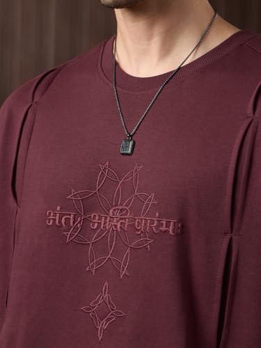 The Souled Store Desi Drop: Antah Asti Prarambha Men and Boys Short Sleeve Round Neck Burgundy Embroidered Casual Lightweight Drop Shoulder Streetwear Trendy Cotton Oversized T-Shirt