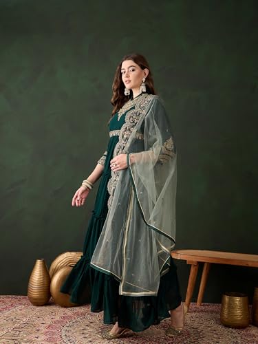 Miss Ethnik Women's Green Faux Georgette Stitched Top With Dupatta Full Sleeve Embroidered Anarkali Gown (MEY-156-Green-XXL)