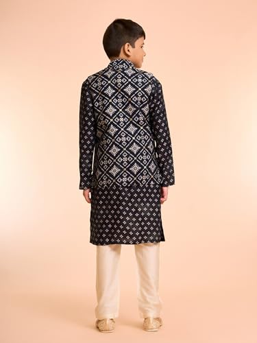 Manyavar Boys Blended Viscose Foil Print Kurta Jacket Pyjama Set (Black,12-14Y)